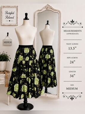 S-Dear Black & Green Floral Tiered Maxi Skirt | NWT | Size Medium